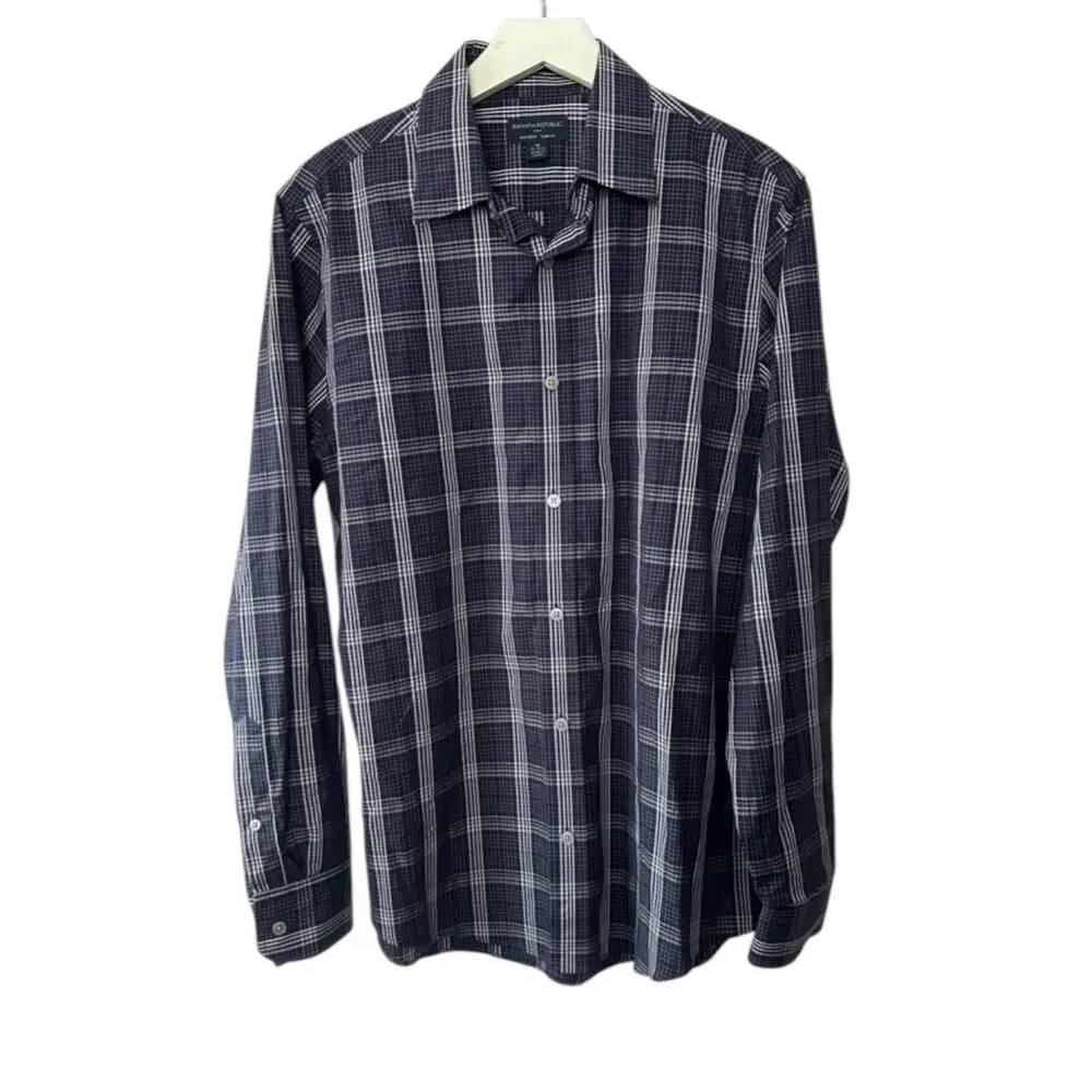 Banana Republic Non Iron Slim Fit Button Down Shirt Black Plaid Medium 15-15.5